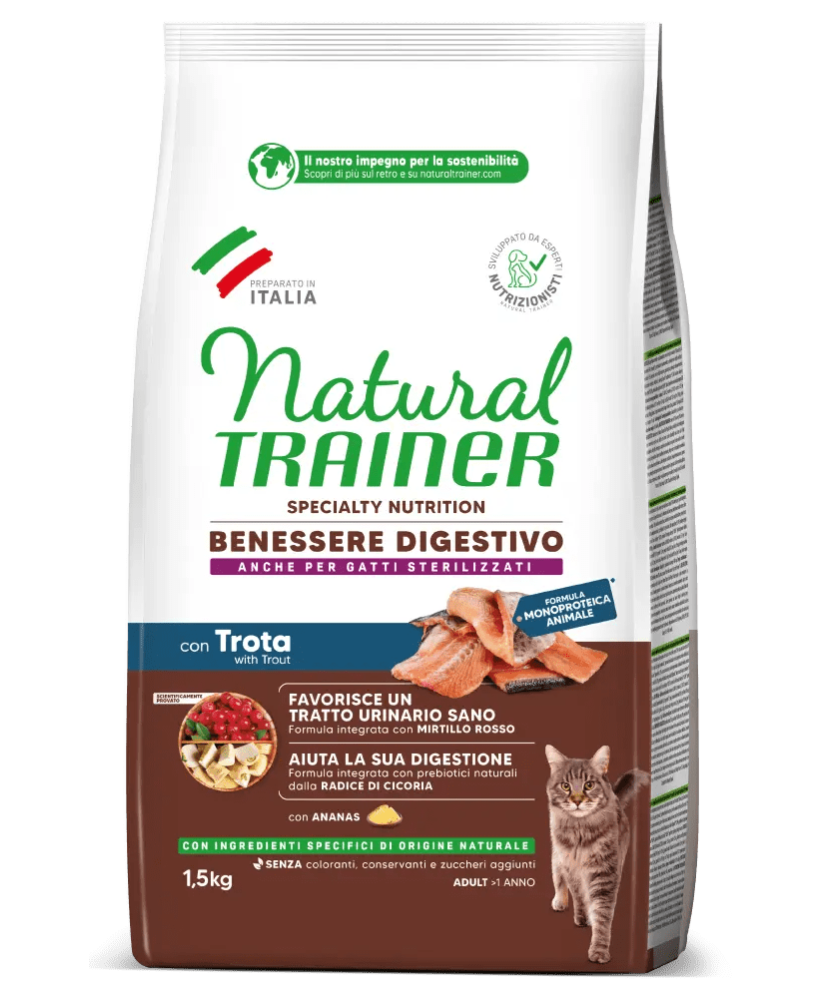 natural trainer gatto benessere digestivo monoproteico trota 1,5kg