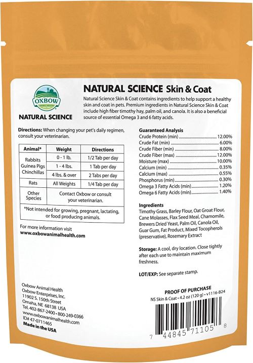 Oxbow Natural Science Skin & Coat supplement for small animals 120 gr