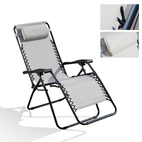 Comfort reclining folding deckchair with beige headrest